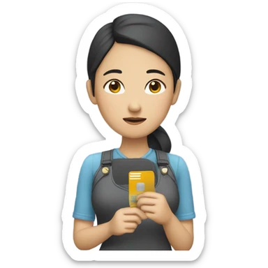 a sad asian customer who is purchasing with her credit card,  sticker