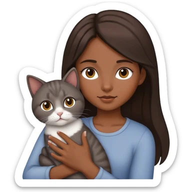 Dark Brown hair girl holding a grey cat sticker