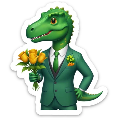 dinosaur in suit holding flowers sticker