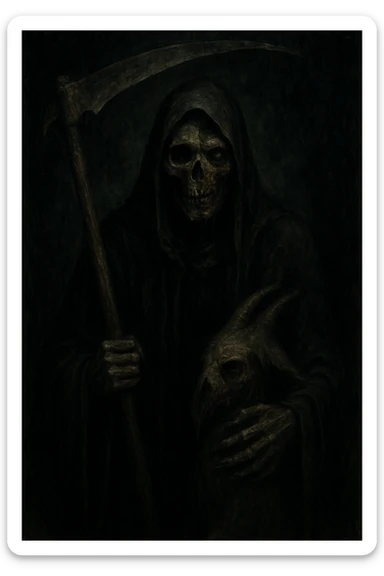 A grim reaper character, left hand grasping a faun, face half skeletal, half decaying zombie, ominous and shadowy, dark, haunting, and supernatural mood. sticker