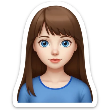 woman, pale skin, long straight brown hair with bangs, blue-grey eyes, white top, apple emoji style sticker