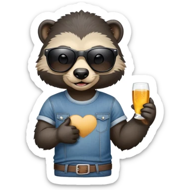 friendly anthropomorphised honey badger in jeans and a t-shirt, wearing sunglasses, head and shoulders portrait sticker