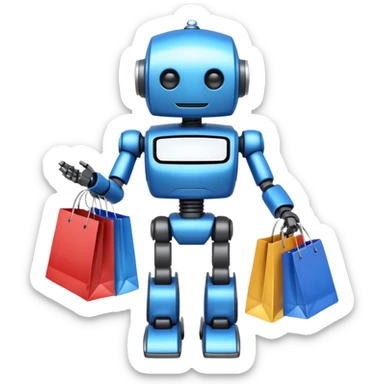 black friday robot with blue and metalic colours with bags in his hands sticker