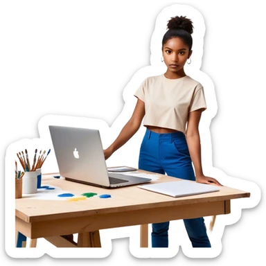 A person is **standing up from their desk**, a determined look on their face. In front of them is a **blank canvas, an open laptop, or a workbench**—a symbol of **taking action**. Their **future self**, glowing with confidence, is **guiding their hands as they type, paint, build, or create something sticker