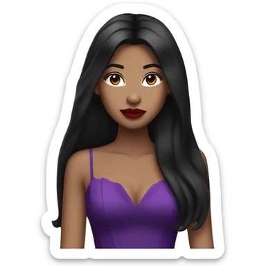 tall girl with long straight black hair with red lipstick with a microphone and purple prom dress sticker