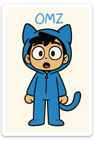 Extract only the blue character (OMZ) from the group in the original style and quality. Give the character a surprised expression. sticker