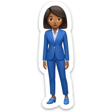 black woman in a blue smart suit and shoes, standing with hands by her side, serious expression, emoji style sticker