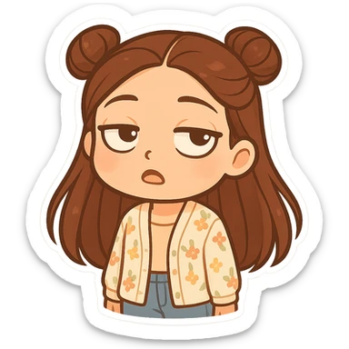Create a chibi sticker of the girl from the reference image. She has brown straight hair styled in double buns, brown eyes, wearing a pastel floral cardigan and jeans. The expression is rolling her eyes as if saying 'oh my god'. The sticker should have a white outline and a transparent background, sized 512x512px. sticker