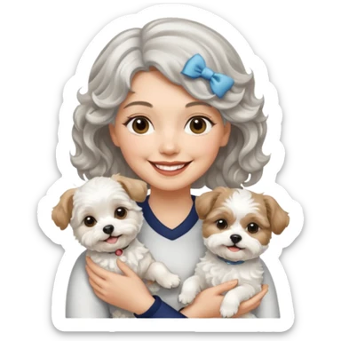 silver, short, wavy-haired with loose curls, smiling pretty lady holding a white terrier and a white/tan shih tzu dog sticker