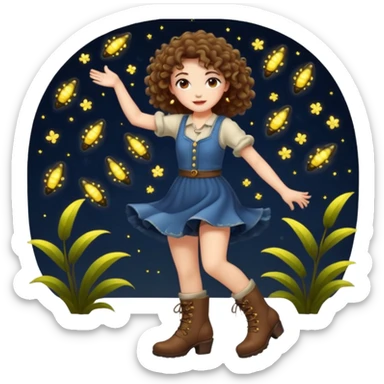 full body woman short curly brown mullet hair brown eyes white skin dancing with fireflies around boots sticker