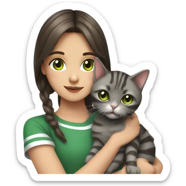 Brunette girl with green eyes, holds in her arms a British gray, striped cat with brown eyes sticker