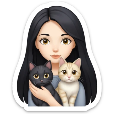 Beautiful girl with long black hair holding a gray and blonde mixed cat sticker