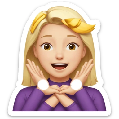 Happy blonde girl with eyes closed and mouth wide open and hands cupped around her neck - her eyes are squinty with excitment mo sticker