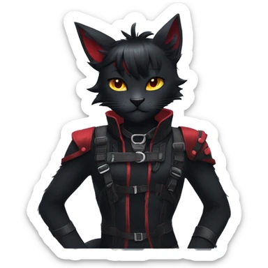 Anthro Edgy Cool Beautiful Black Cat-Fursona-Fakemon with Emo Hair-bangs with Red Streaks Chest Harness sticker
