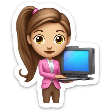 long brown pony tail girl with computer wearing pink suit sticker