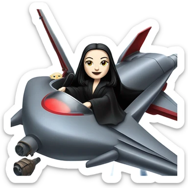 Jedi teen Morticia Addams flying a red and blue Zephyr-J powered by an imperial speeder sticker