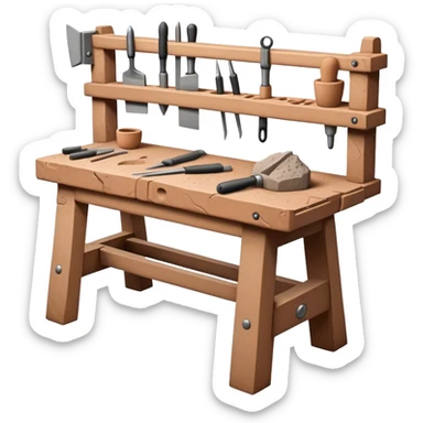 Cinematic Realistic image of a workbench set with a lump of pliable clay and artisanal sculpting tools, rendered with finely detailed textures that reveal subtle clay particles and well-worn tool surfaces, bathed in warm, focused studio lighting sticker