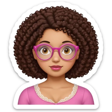 medium-light kinned afro-latina girl with medium length chocolate brown side part curly hair, brown eyes, pink sweetheart necklined top with lace, round wide-ish nose, chubby oblong shaped face, brown glasses sticker
