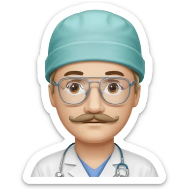 White person with a mustache and glasses with a surgical cap sticker