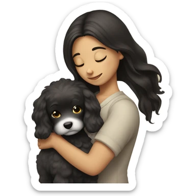 A girl with dark hair hugs a maltipu sticker