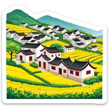 Wuyuan countryside spring flowers and traditional houses Jiangxi, simplified emoji style with bold outlines and bright colors, cartoon style rural village with yellow rapeseed flowers sticker