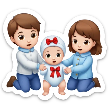two white baby boys with brown hair and a white baby girl with brown hair and a bow sitting together in the snow sticker