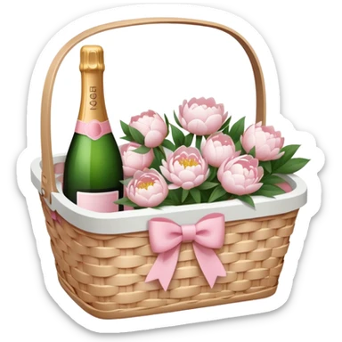 White Picnic basket with light pink bow and white peonies and one pink champage bottle inside sticker