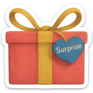 Recreate the blue heart-tagged pink gift in a ghibli style, with the name 'Surprise' on the tag, no background. sticker