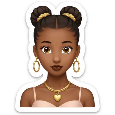 Create a brown skin black girl with a sleek ballerina bun with gold jewelry make her have two nostril piercings and a septum along with a heart nugget earings sticker