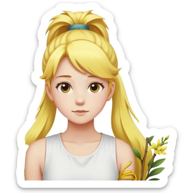 A girl with a high ponytail, a yellow hair tie, and a sleeveless white top, surrounded by blooming forsythias. sticker