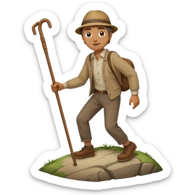 Man in simple clothes Climbing up a hill with a wooden cane sticker