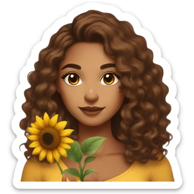 Pretty tan skin Latina with long brown curly hair . Very pretty cat eye makeup . Shes holding a sunflower in her hand  sticker