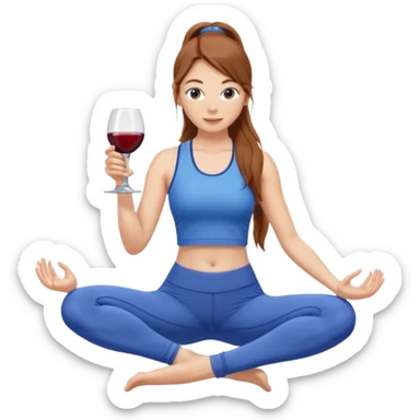 Девушка с каштановыми длинными волосами, собранными в хвост, в синем спортивном топе и синих лосинах занимается йогой с бокалом вина в одной руке sticker