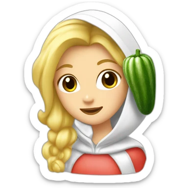 blonde girl  eating  cucumber and tomatoes with white hoodie iridescent and a crown princess sticker