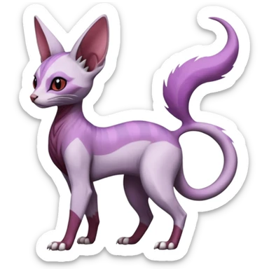 Purple, white, black, Minccino-Sphynx-Lykoi-Linoone-Zangoose-fusion-hybrid-animal-Fakémon-creature, full body, thin long sleek scaly tail, intricate markings sticker