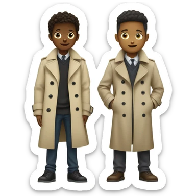 2 kids in a trench coat talkings to 2 trench coats in a kid sticker
