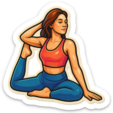 beautiful woman in a top and leggings performing pigeon pose (Eka Pada Rajakapotasana), retro stickers style, detailed appearance, detailed facial features, shadows and highlights, clean contours, soft lighting, transparent background sticker