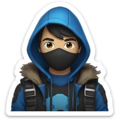 Boy brown developer left side behind his laptop with this style: Valorant Riot Game blue character blue black hooded hacker  sticker