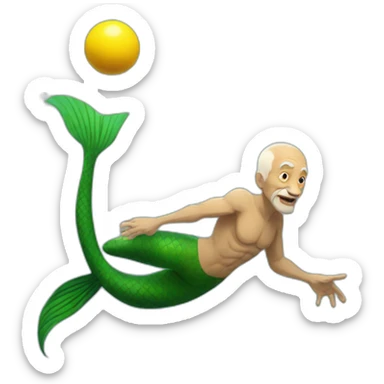 Underwater strong old man mermaid swimming, bold with no hair, holding a small yellow ball, winning enthousiasm sticker