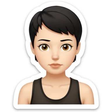 a white woman with short tomboy black hair with mole on top of her lip wearing men's black tank top sticker