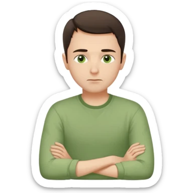 Gentle man, European facial features, short dark brown hair, green eyes, light green shirt. Seated calmly, gazing thoughtfully. Soft light, subtle fern. Waist-up, profile. sticker