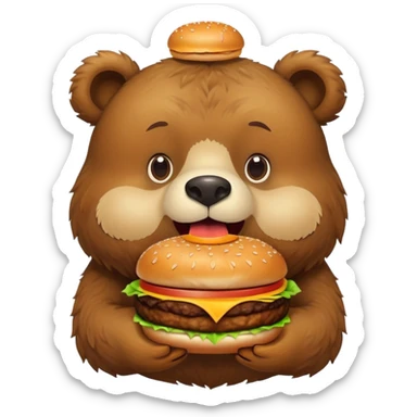 a brown bear with a burger in its mouth sticker