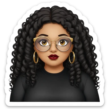 teen big plus size, latina, darker tan skin, gold hoops, long black curly hair, baddie,pretty, makeup, dark red lipgloss, black eyeliner, long hair, black shirt, BLACK glasses sticker