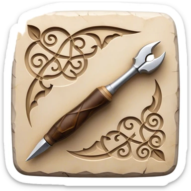 Carving icon, stone, bone, and horn with detailed patterns, carving tools like chisel and awl, minimalistic style, clean lines, transparent background. sticker