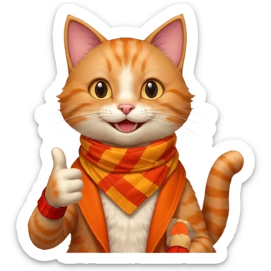 Cat smiling and giving thumbs up, wearing red Checkered Triangle scarf sticker