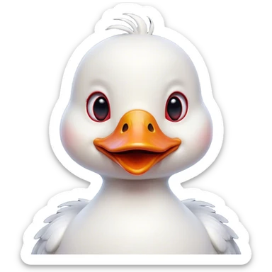 Cinematic Comical White Duck Portrait Emoji, Head tilted dramatically with an exaggeratedly amused expression, featuring a striking, glossy white plumage with a quirky red bill, wide, expressive eyes filled with playful disbelief, Simplified yet hilariously expressive features, highly detailed, glowing with a slightly sassy glow, high shine, dramatic yet playful, stylized with an air of cheeky mischief, bright and endearing, soft glowing outline, capturing the essence of a spirited and over-the-top duck, so meme-worthy it feels like it could quack its way into internet fame instantly! sticker