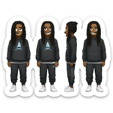 shark with adida slides and black sweatpants and with dreadheads sticker