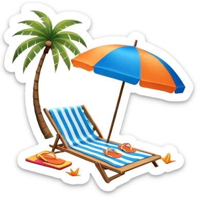 Icon for Beach Tourism: with the blue ocean, orange sunset sun and palm trees in the background, a sun umbrella, flip-flops, and a beach towel on the sand. The icon should represent relaxation and fun at the beach. Transparent background. sticker