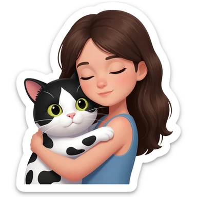A young woman with long dark brown hair, hugging a black and white cow-patterned cat, 3D emoji style, white background. sticker