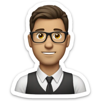 white guy dark brown hair and square glasses typing in laptop sticker